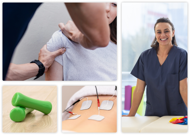 Collage of different pictures of Physical Therapists and Equipment